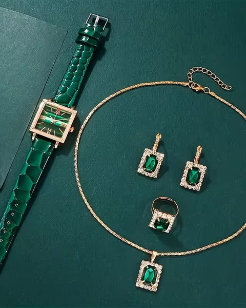 5PCS Women’s Vintage Square Quartz Watch & Jewelry Set